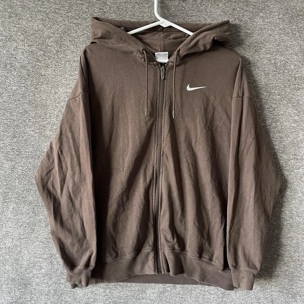 Nike Hoodie Womens M Brown Full Zip Cotton Jersey Oversized Logo DM8415-237